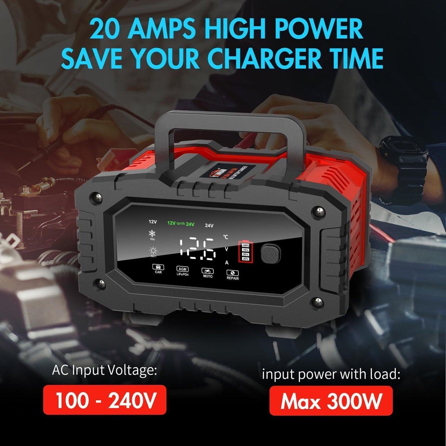 20A Smart Battery Charger - 12V/20A & 24V/10A for LiFePO4, Lead-Acid, AGM, Gel Batteries