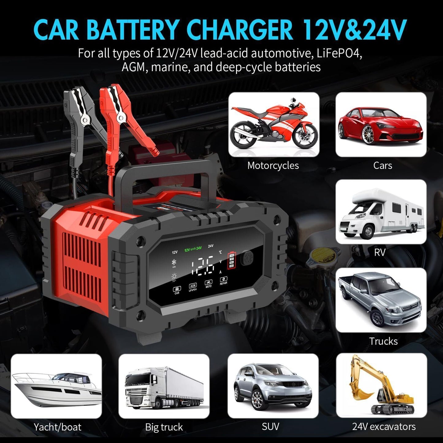 20A Smart Battery Charger - 12V/20A & 24V/10A for LiFePO4, Lead-Acid, AGM, Gel Batteries