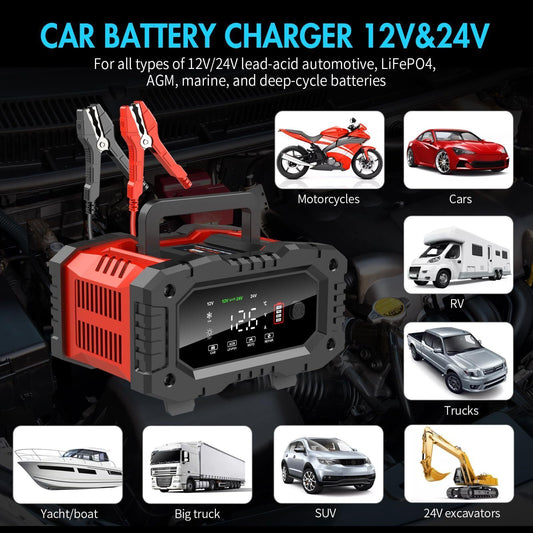 20A Smart Battery Charger - 12V/20A & 24V/10A for LiFePO4, Lead-Acid, AGM, Gel Batteries