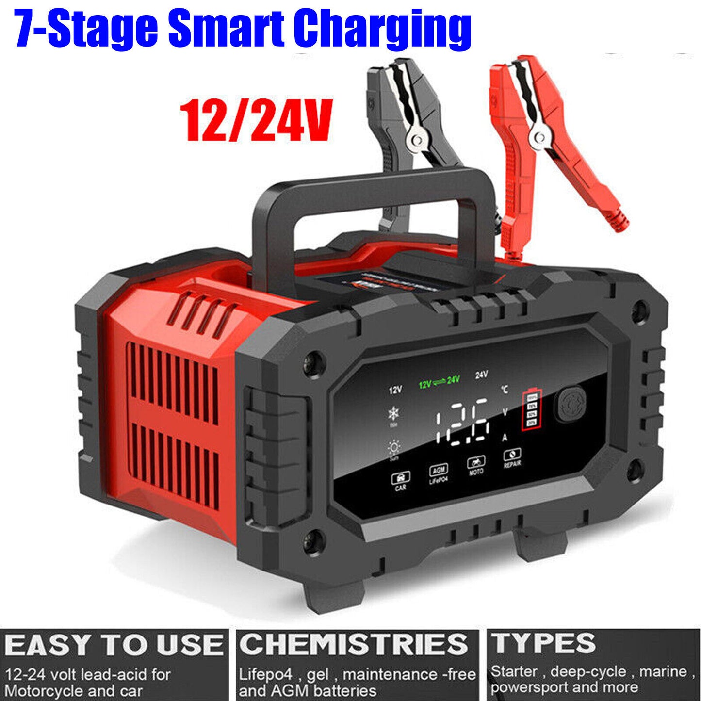 20A Smart Battery Charger - 12V/20A & 24V/10A for LiFePO4, Lead-Acid, AGM, Gel Batteries