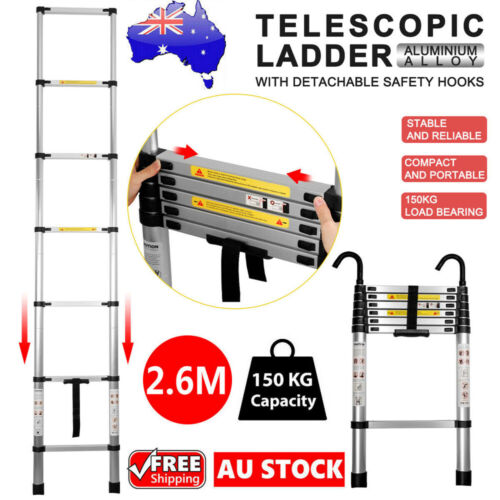 2.6M Adjustable Telescopic Aluminum Ladder with Safety Hooks – Multi-Purpose, Portable Extension Ladder