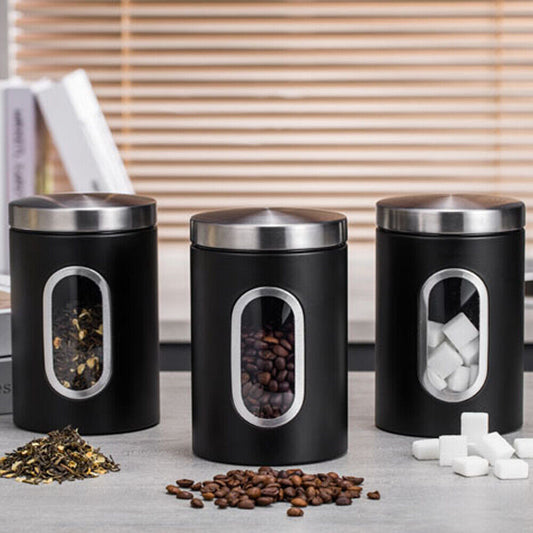 3-Piece Black Storage Canister Set with Stainless Steel Lids for Tea, Coffee, and Sugar - Durable Kitchen Organizers