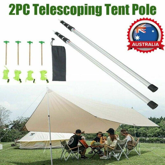 2PCS Adjustable 90-230cm Aluminum Alloy Tarp Poles - Durable, Telescopic Support Rods for Tarps and Shelters with Reflective Guylines