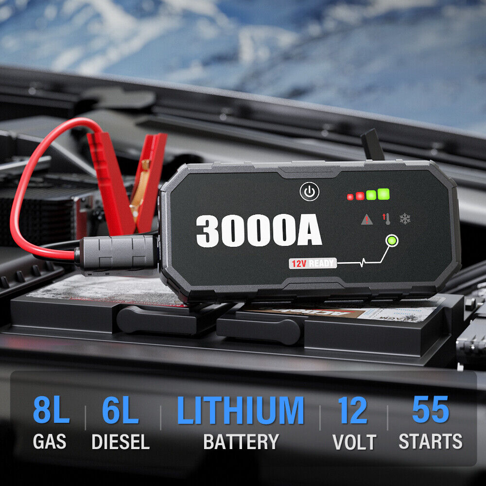 3000A Portable 12V Car Jump Starter & Power Bank with USB-C Fast Charging