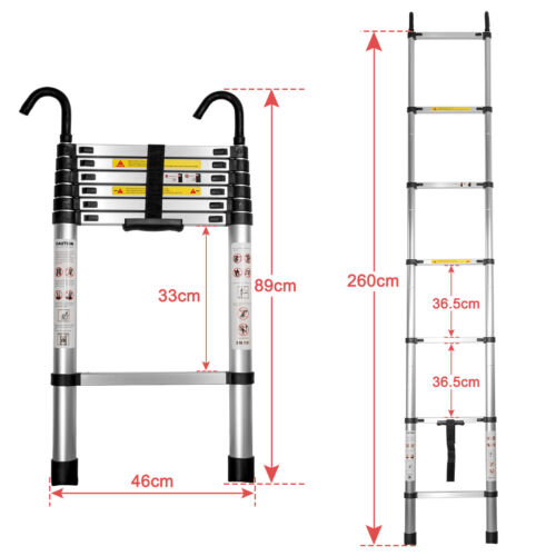 2.6M Adjustable Telescopic Aluminum Ladder with Safety Hooks – Multi-Purpose, Portable Extension Ladder