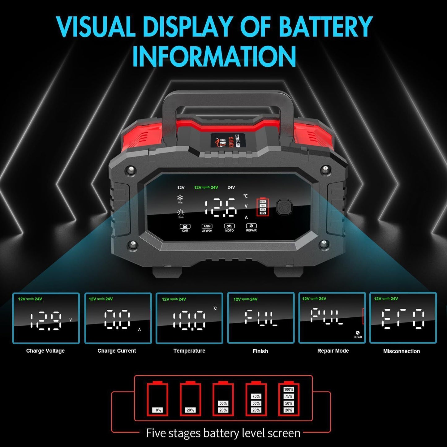 20A Smart Battery Charger - 12V/20A & 24V/10A for LiFePO4, Lead-Acid, AGM, Gel Batteries