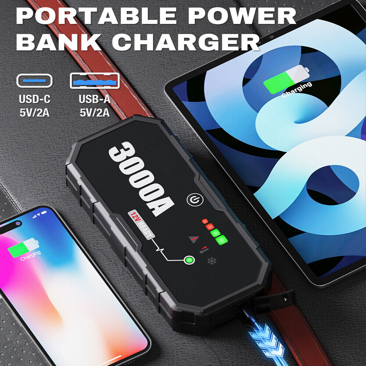 3000A Portable 12V Car Jump Starter & Power Bank with USB-C Fast Charging