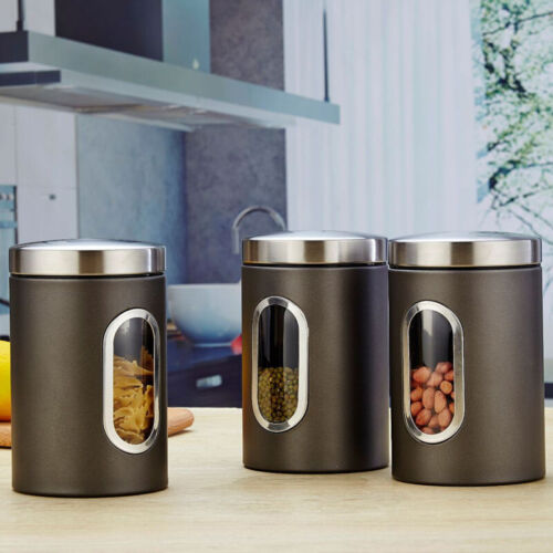 3-Piece Black Storage Canister Set with Stainless Steel Lids for Tea, Coffee, and Sugar - Durable Kitchen Organizers