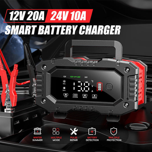 20A Smart Battery Charger - 12V/20A & 24V/10A for LiFePO4, Lead-Acid, AGM, Gel Batteries