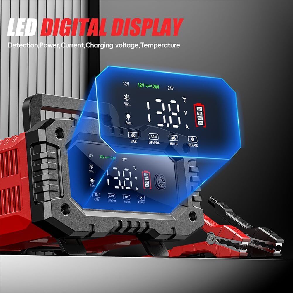 20A Smart Battery Charger - 12V/20A & 24V/10A for LiFePO4, Lead-Acid, AGM, Gel Batteries