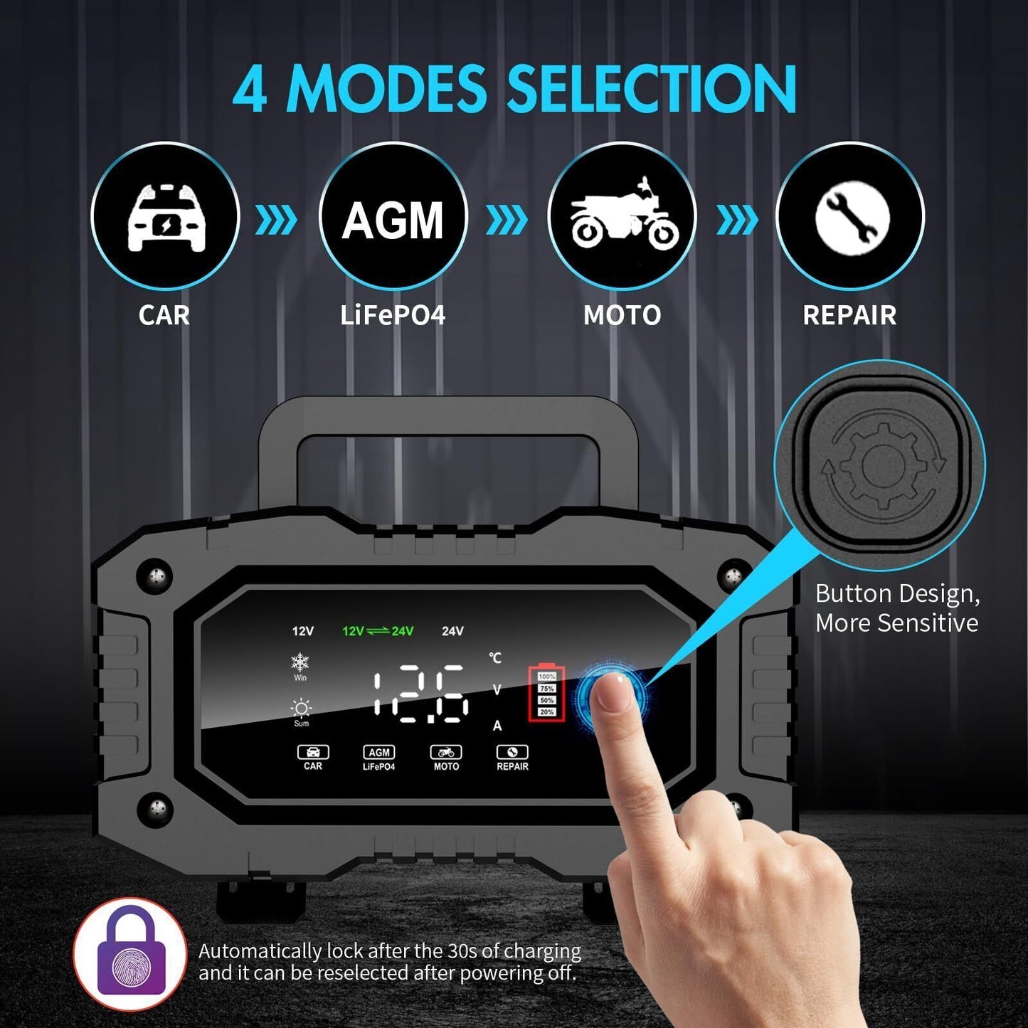 20A Smart Battery Charger - 12V/20A & 24V/10A for LiFePO4, Lead-Acid, AGM, Gel Batteries