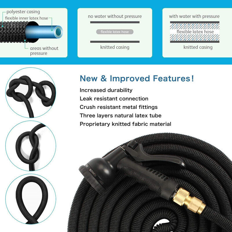 100FT Expandable Garden Hose with 8-Function Spray Nozzle and Durable Accessories - Flexible Water Hose for Gardening, Cleaning, and Outdoor Use