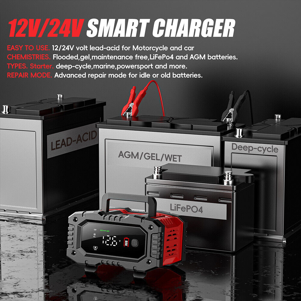 20A Smart Battery Charger - 12V/20A & 24V/10A for LiFePO4, Lead-Acid, AGM, Gel Batteries