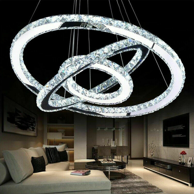 Modern Big 54W Crystal LED Ceiling Light 3 Crystal Ring Pendant Chandelier Lamp